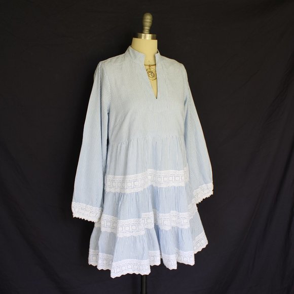 Sail to sable charlotte dress blue stripe Seersucker crochet lace tiered tunic - Picture 2 of 10